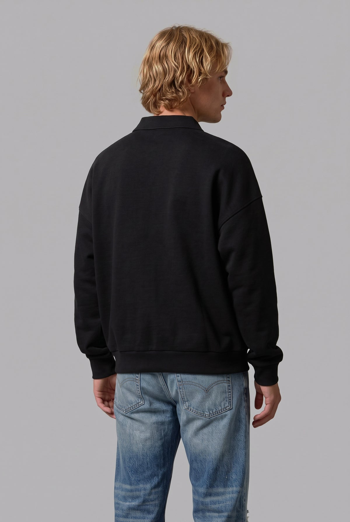 DirectBlanks Heavyweight Polo Sweatshirt in Black – Back view, 440 GSM