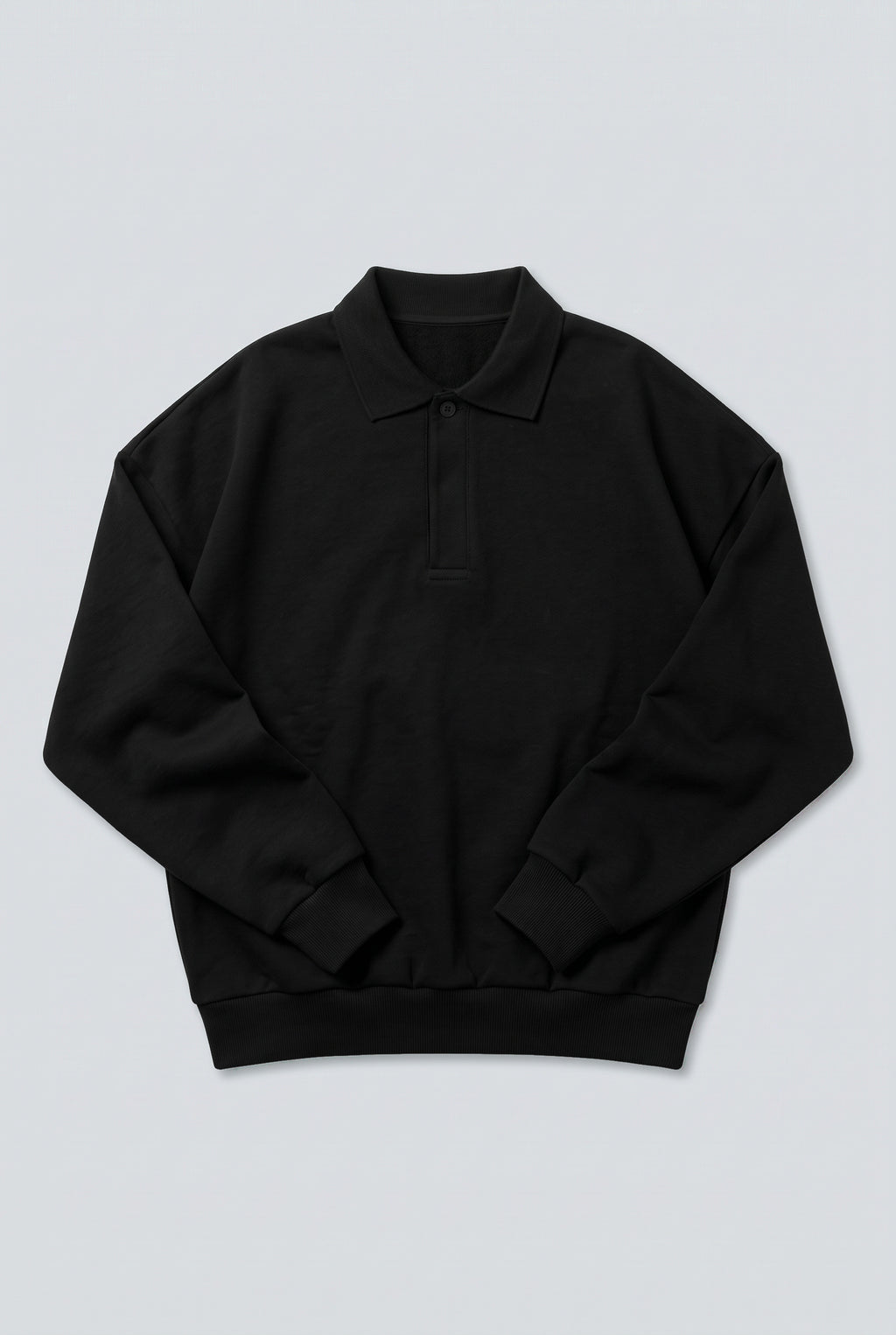 DirectBlanks Heavyweight Polo Sweatshirt in Black – Flatlay, 440 GSM
