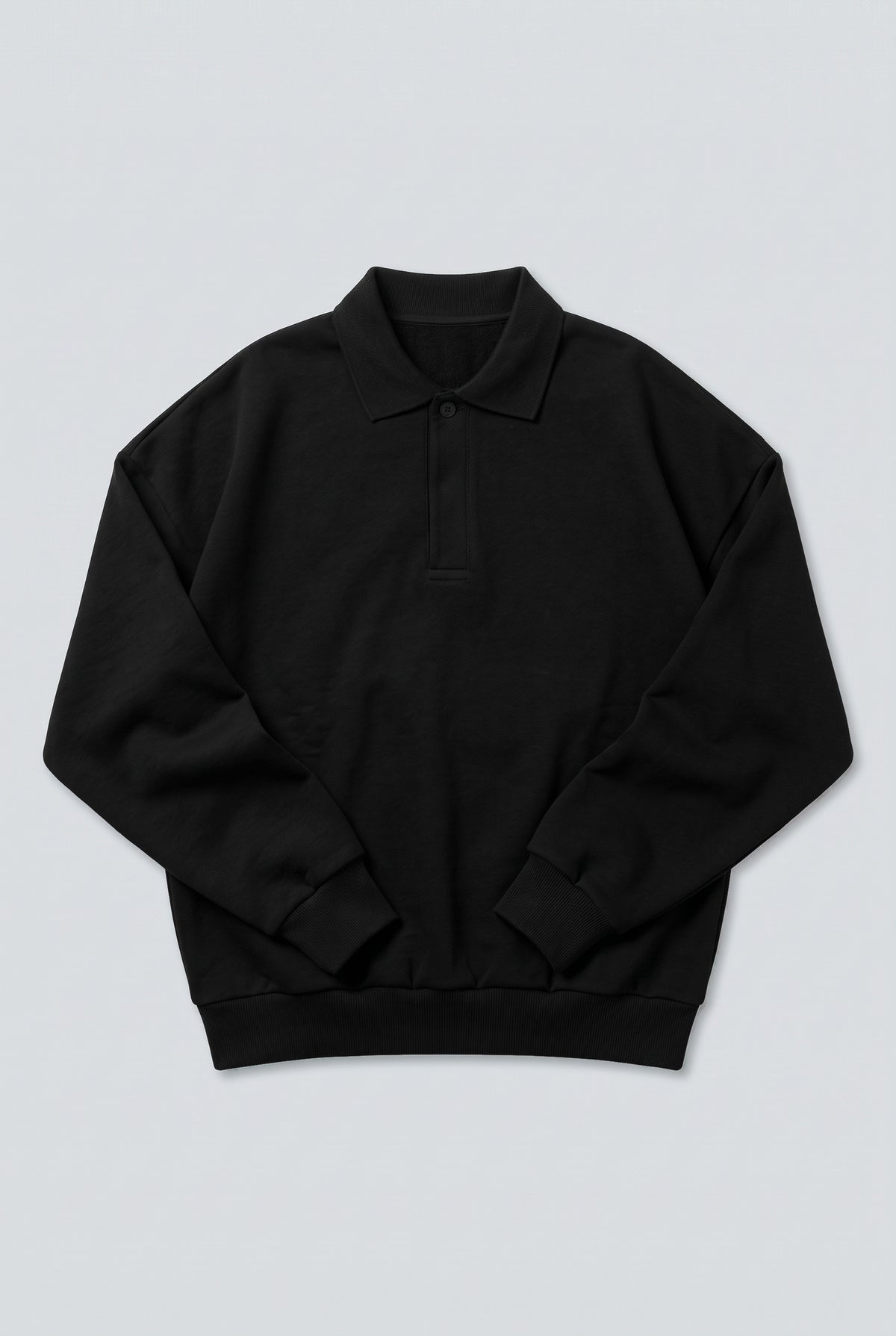 DirectBlanks Heavyweight Polo Sweatshirt in Black – Flatlay, 440 GSM