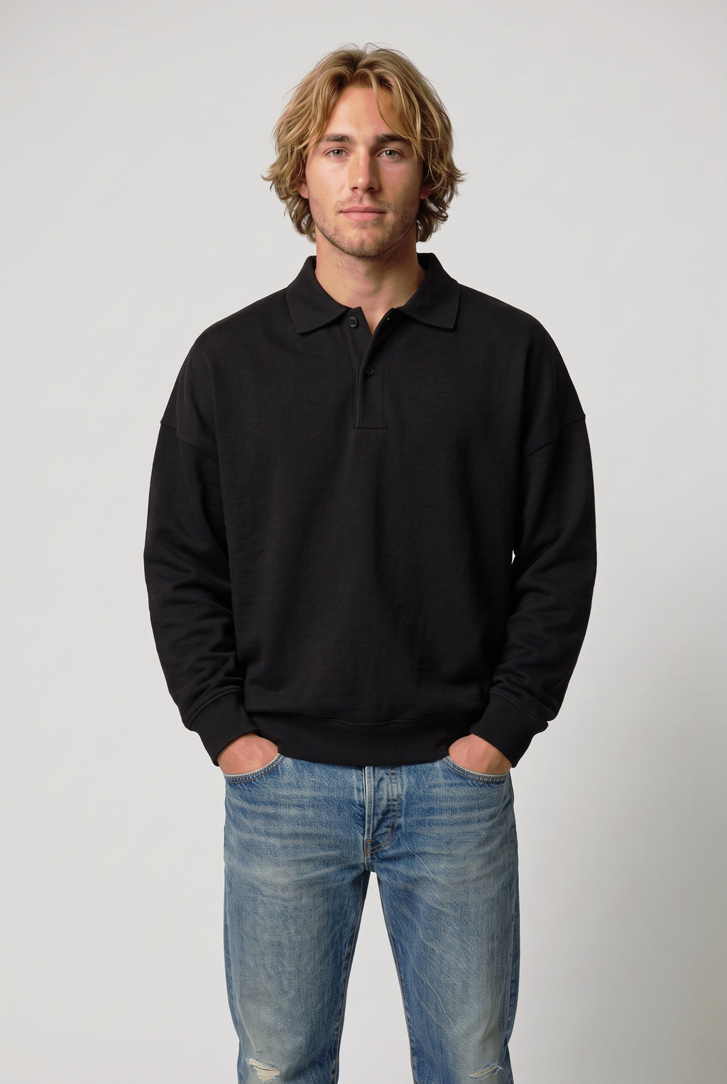 DirectBlanks Heavyweight Polo Sweatshirt in Black – Front view, 440 GSM