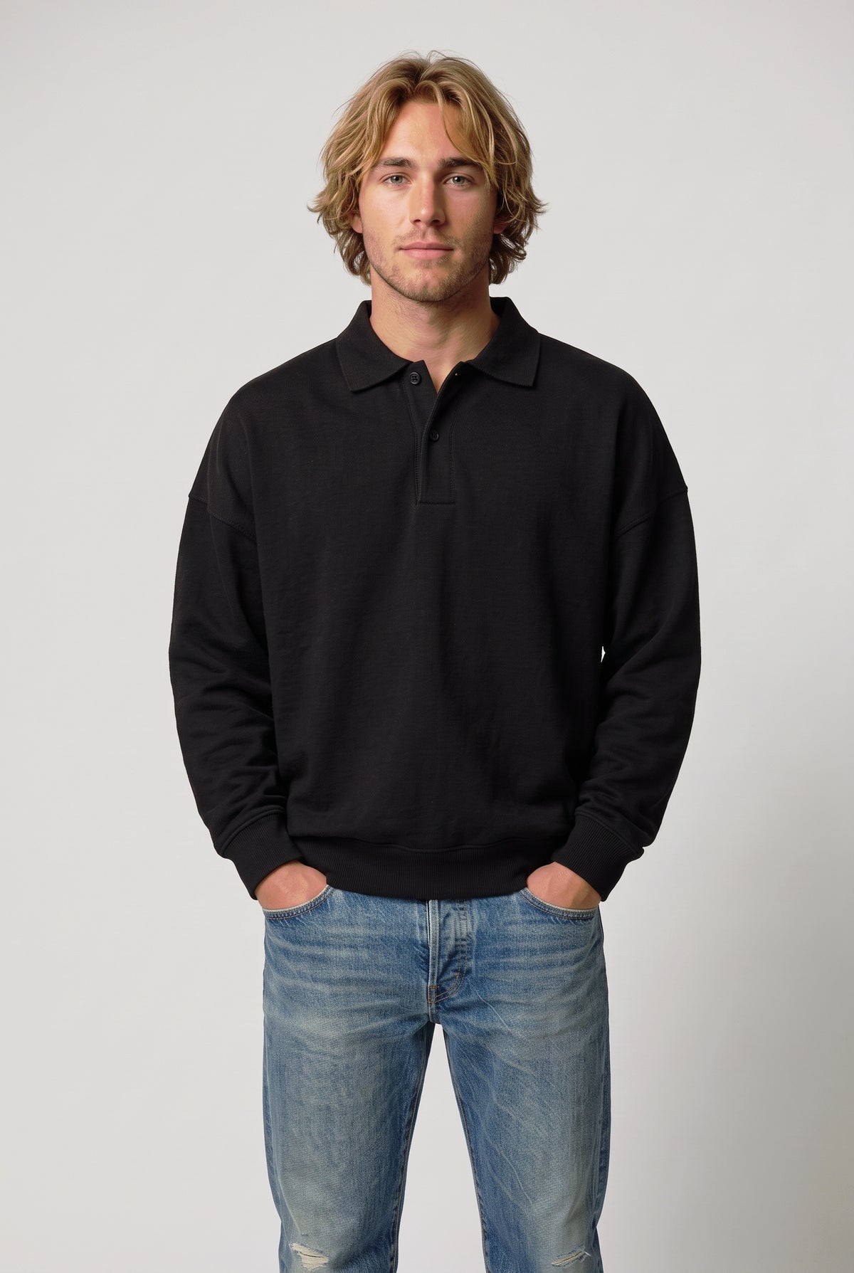 DirectBlanks Heavyweight Polo Sweatshirt in Black – Front view, 440 GSM