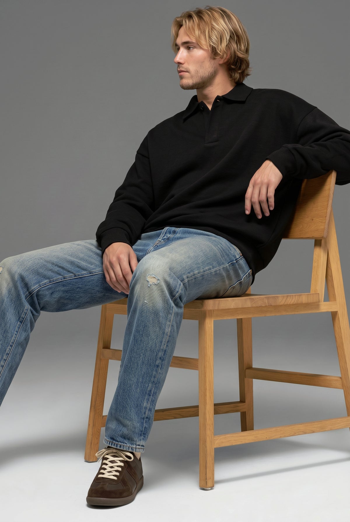 DirectBlanks Heavyweight Polo Sweatshirt in Black – Lifestyle view, 440 GSM