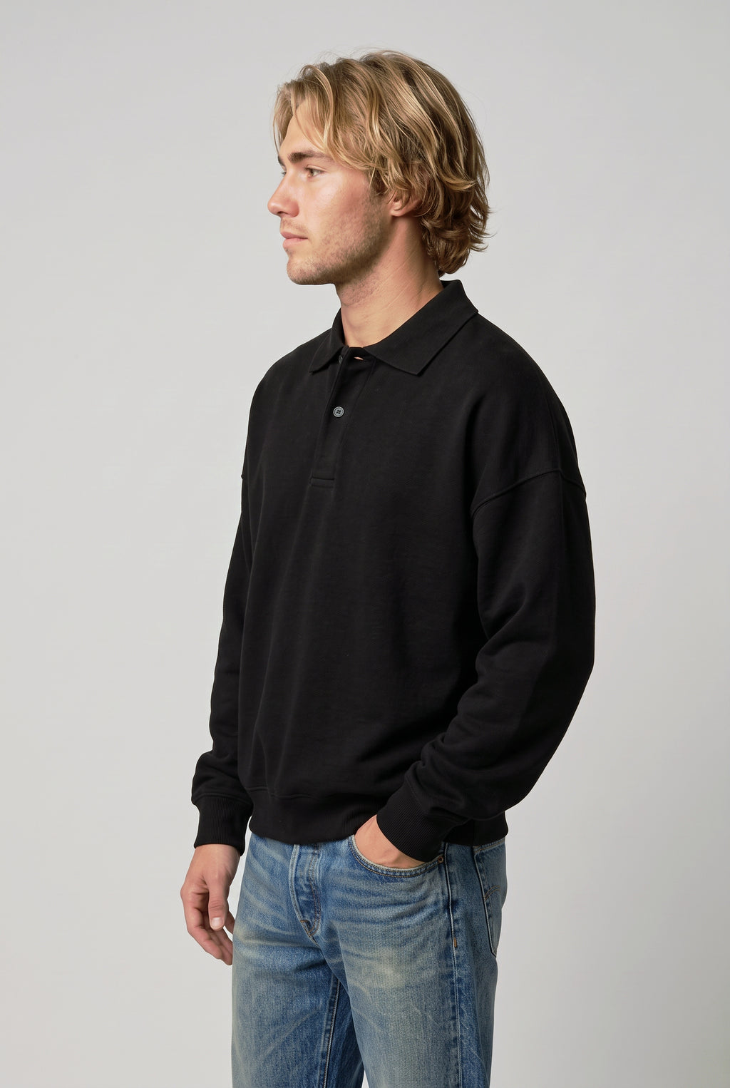 DirectBlanks Heavyweight Polo Sweatshirt in Black – 3/4 Front view, 440 GSM