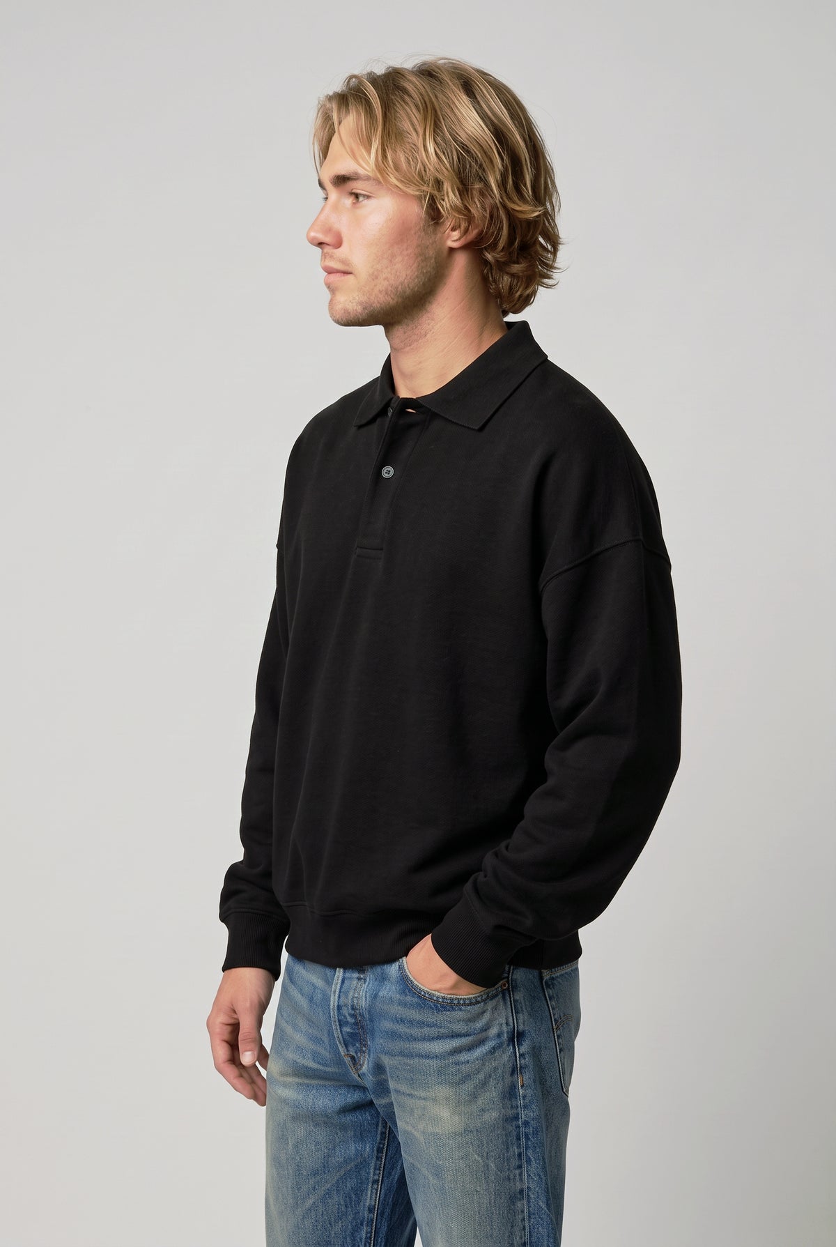 DirectBlanks Heavyweight Polo Sweatshirt in Black – 3/4 Front view, 440 GSM