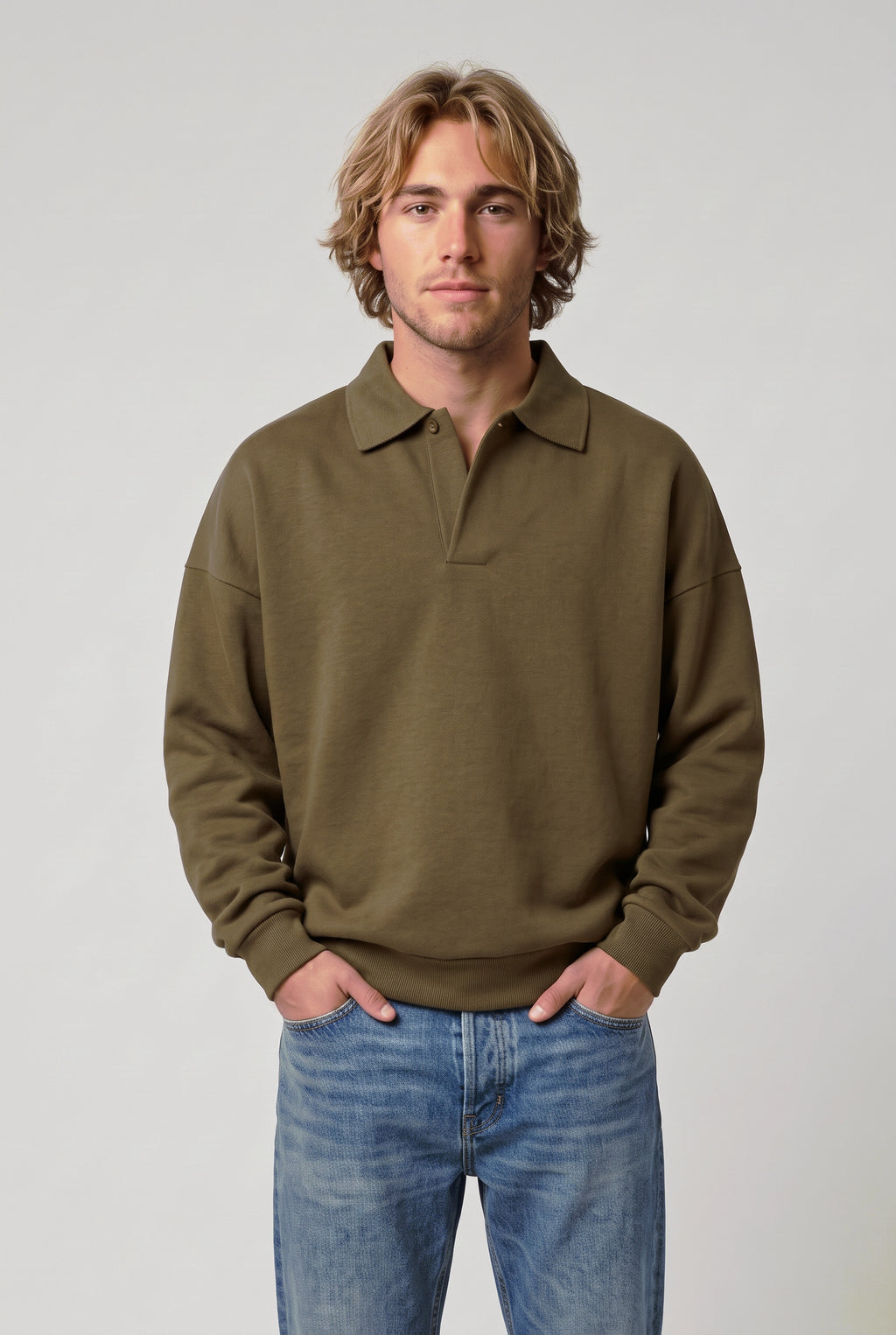 DirectBlanks Heavyweight Polo Sweatshirt in Camel – Front view, 440 GSM