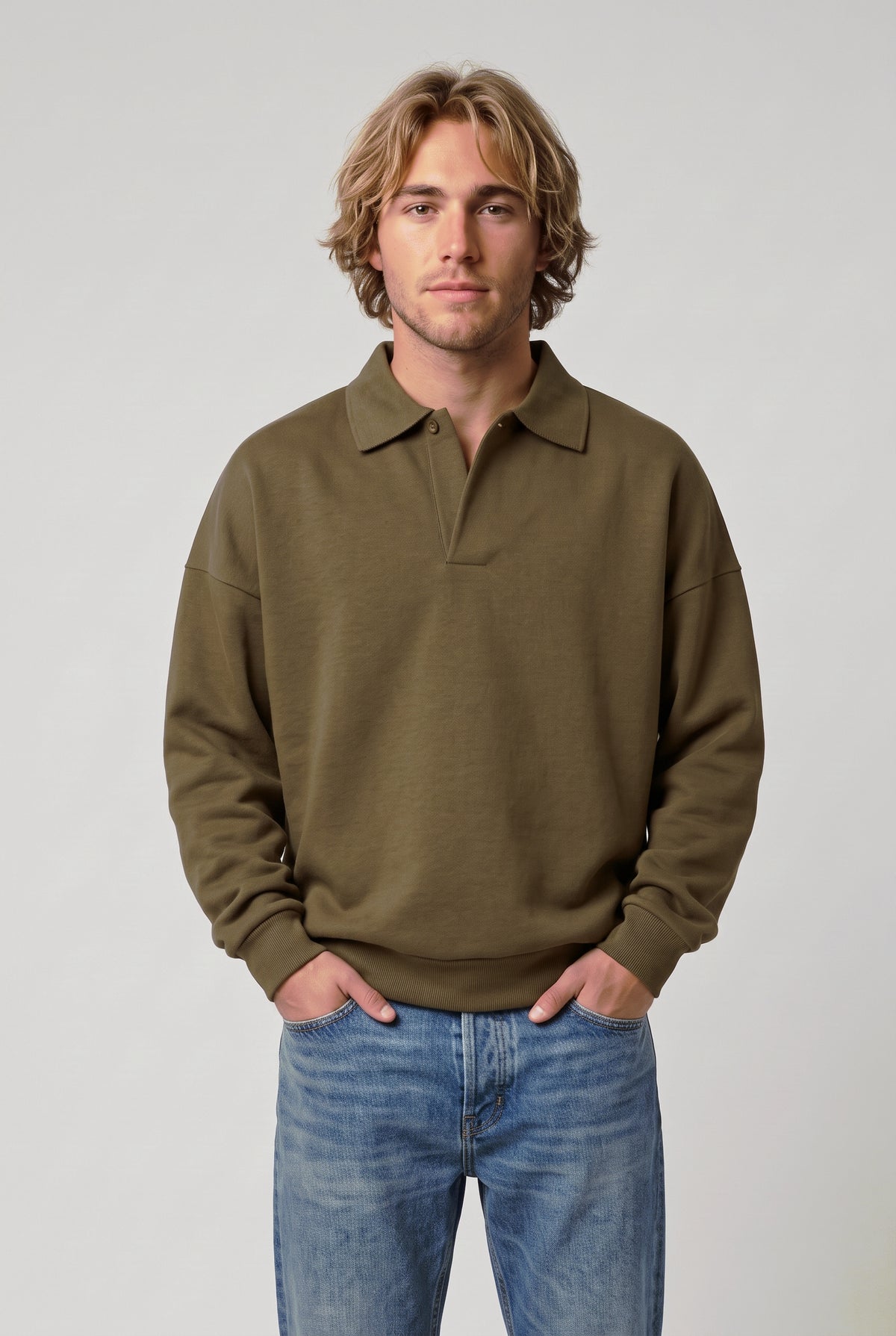 DirectBlanks Heavyweight Polo Sweatshirt in Camel – Front view, 440 GSM
