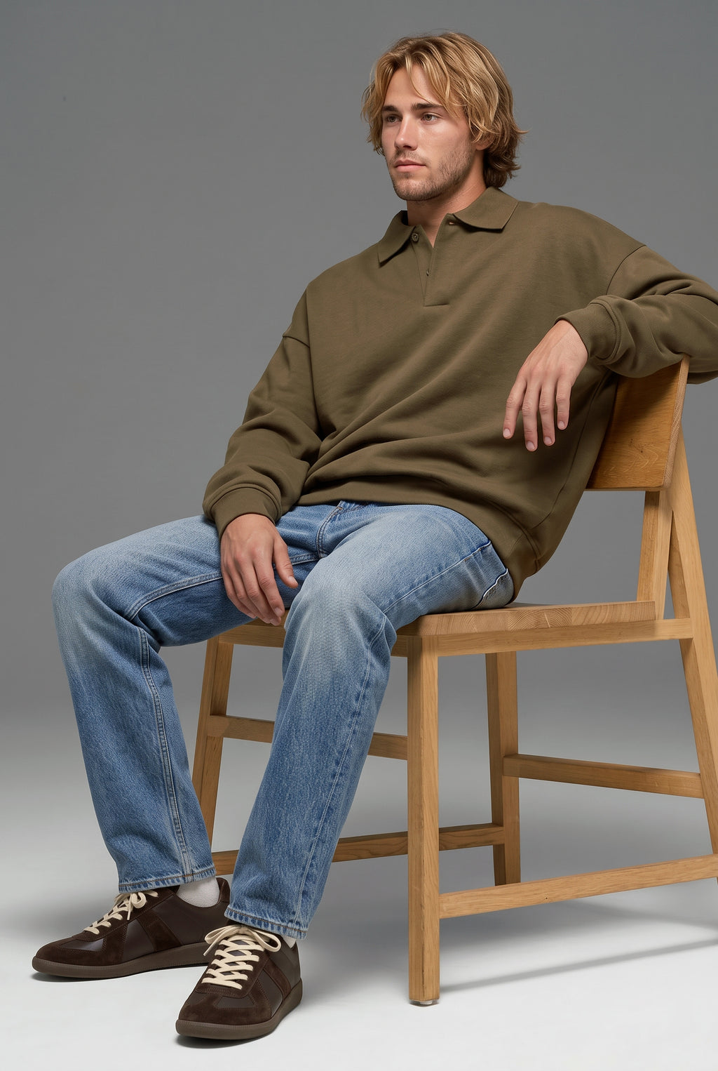 DirectBlanks Heavyweight Polo Sweatshirt in Camel – Lifestyle view, 440 GSM