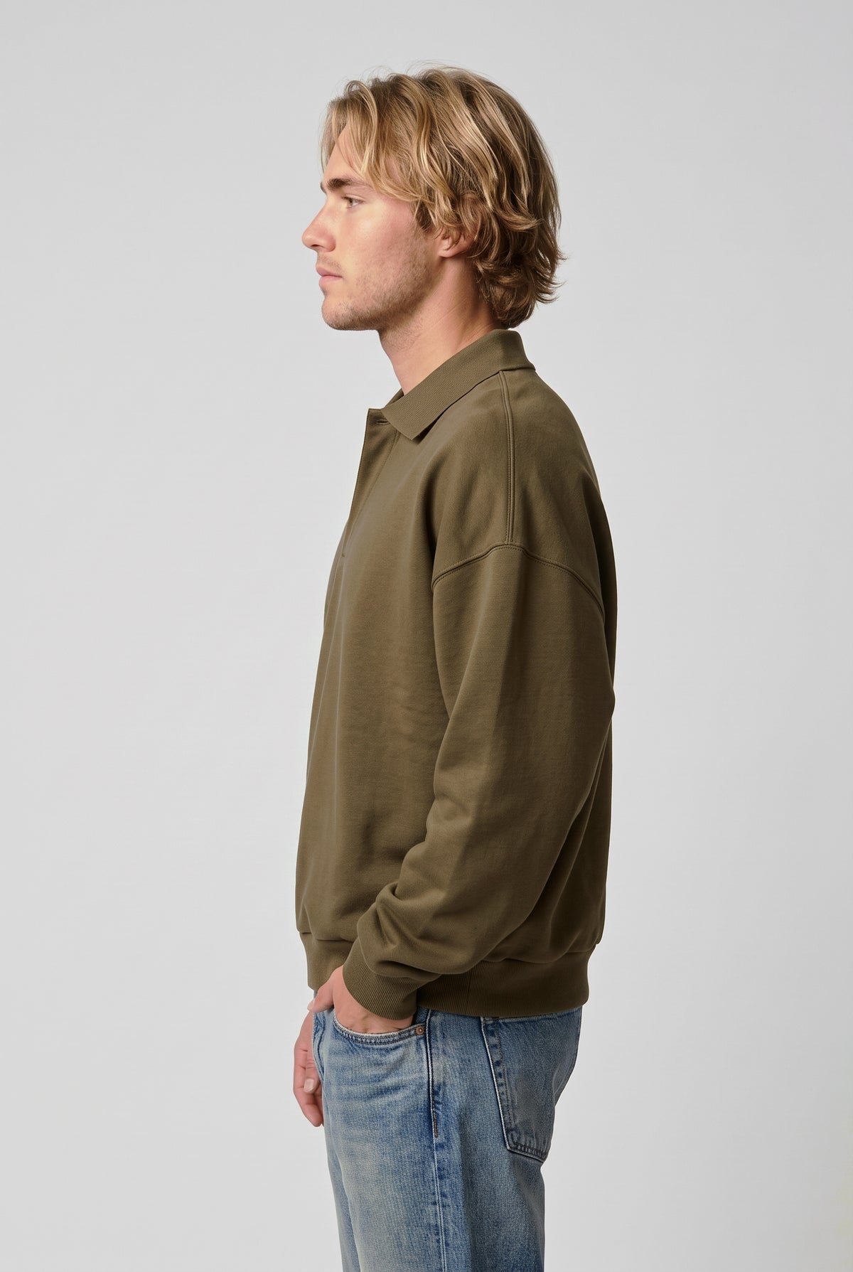 DirectBlanks Heavyweight Polo Sweatshirt in Camel – 3/4 Front view, 440 GSM
