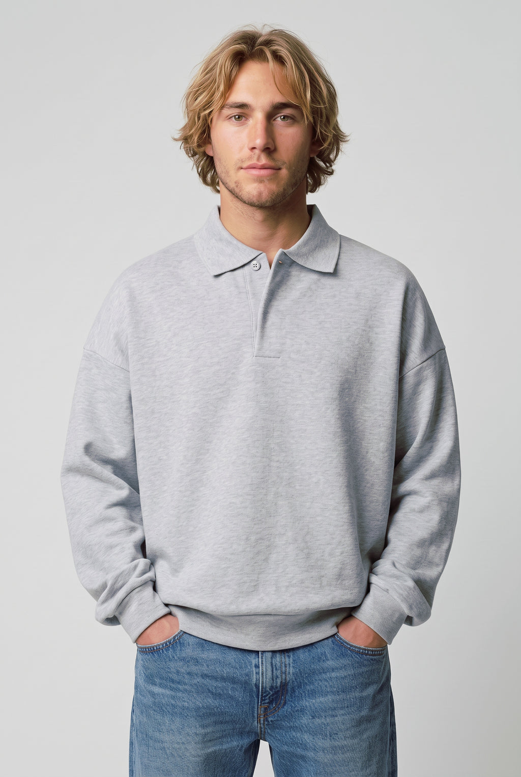 DirectBlanks Heavyweight Polo Sweatshirt in H-Grey – Front view, 440 GSM