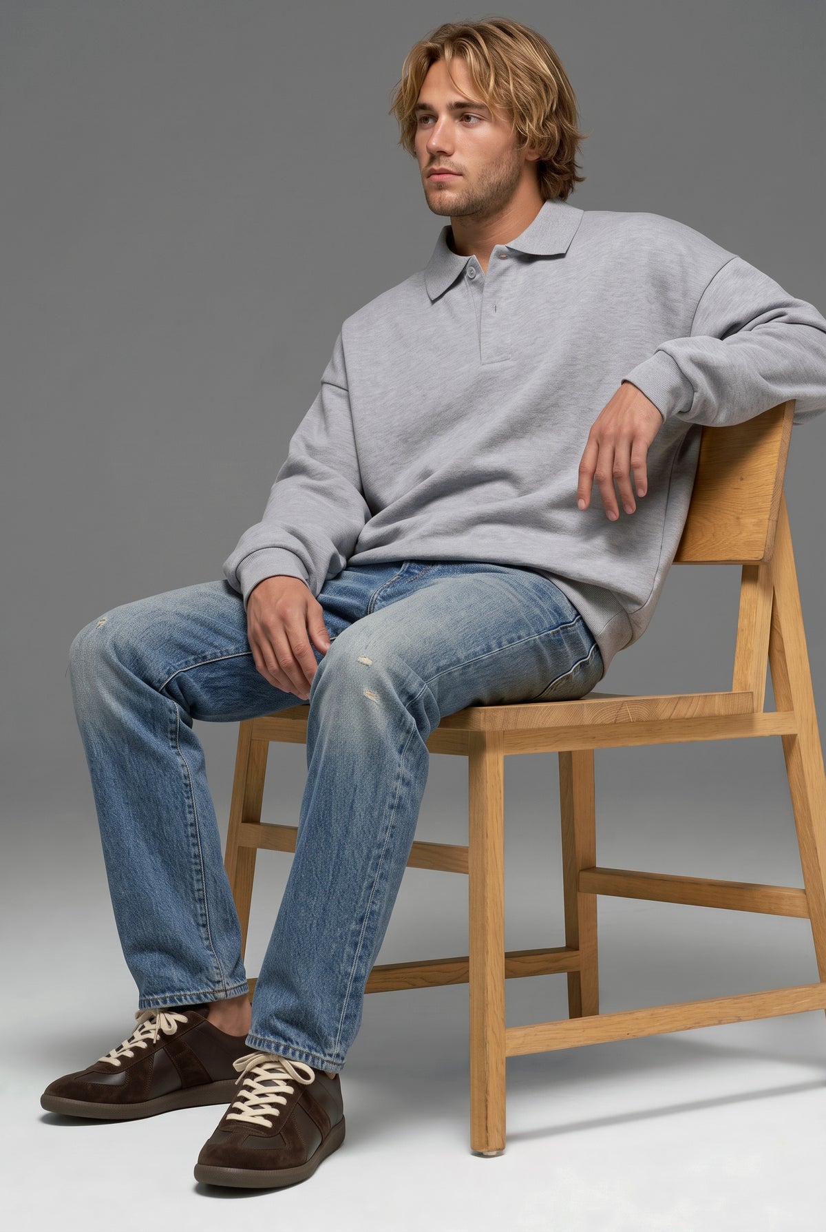 DirectBlanks Heavyweight Polo Sweatshirt in H-Grey – Lifestyle view, 440 GSM