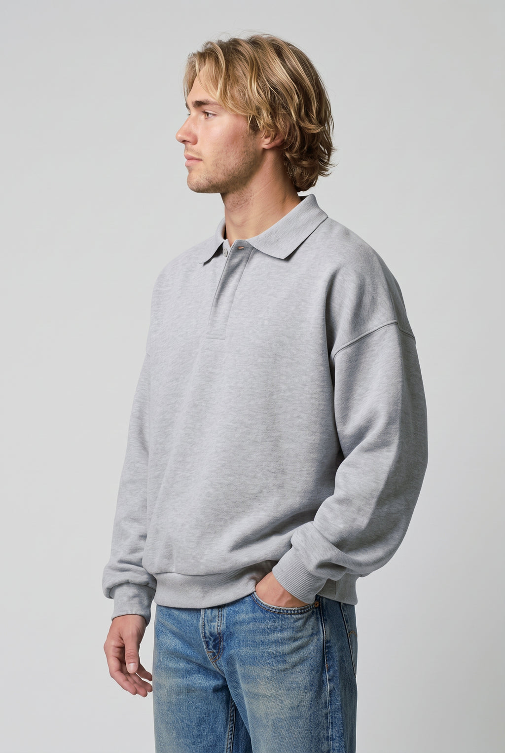 DirectBlanks Heavyweight Polo Sweatshirt in H-Grey – 3/4 Front view, 440 GSM
