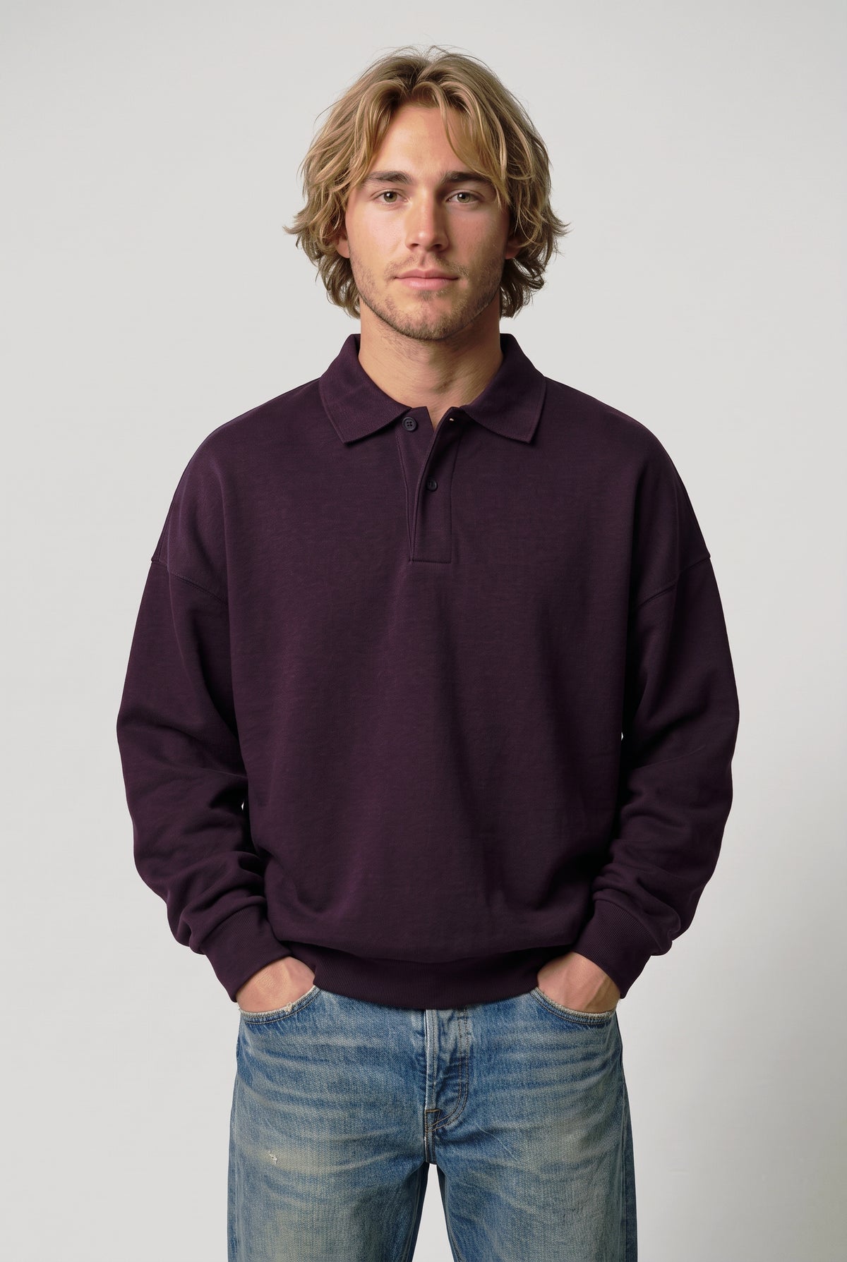 DirectBlanks Heavyweight Polo Sweatshirt in Plum – Front view, 440 GSM