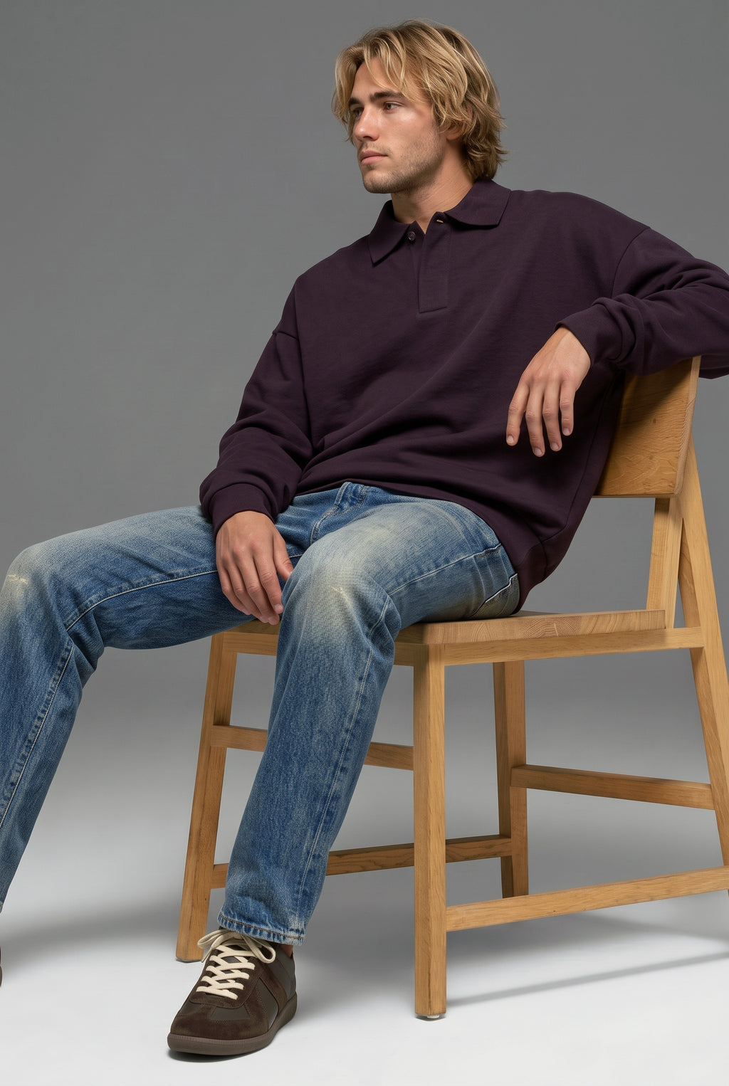 DirectBlanks Heavyweight Polo Sweatshirt in Plum – Lifestyle view, 440 GSM