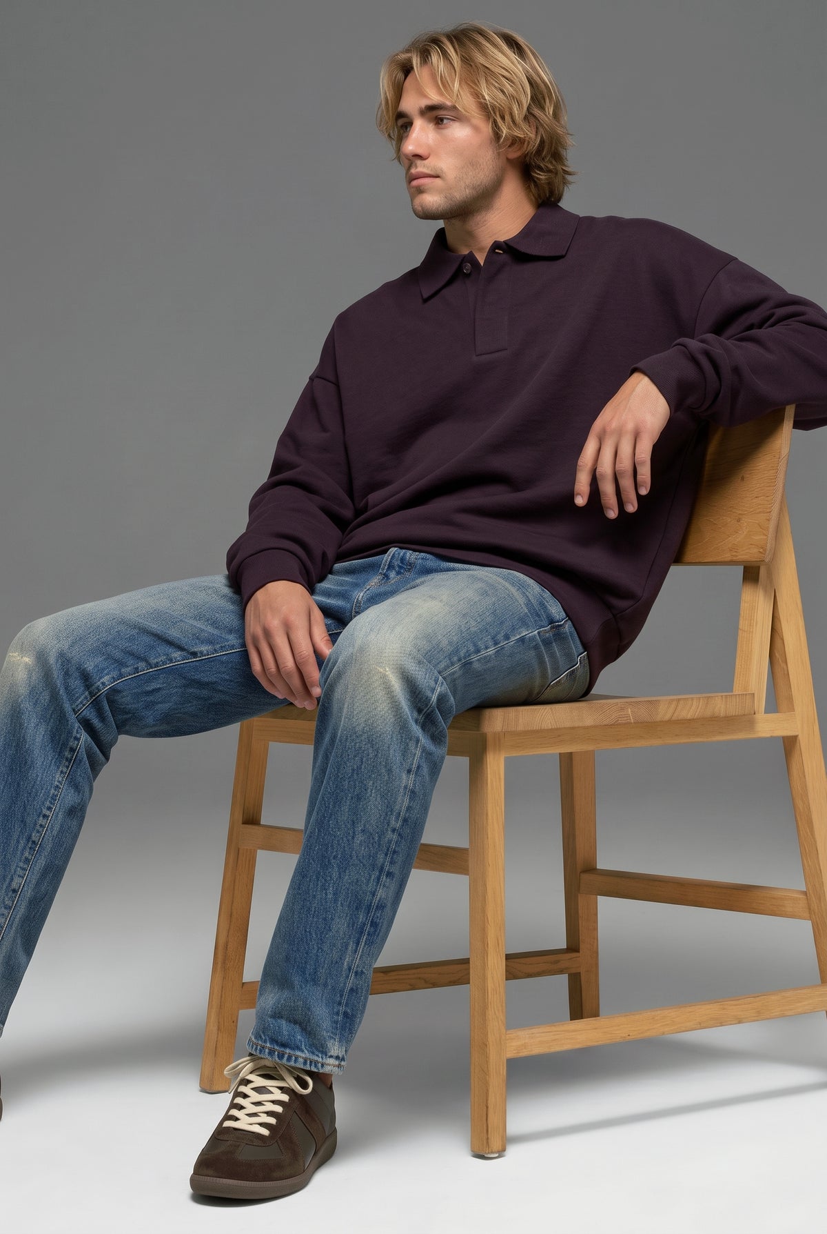 DirectBlanks Heavyweight Polo Sweatshirt in Plum – Lifestyle view, 440 GSM