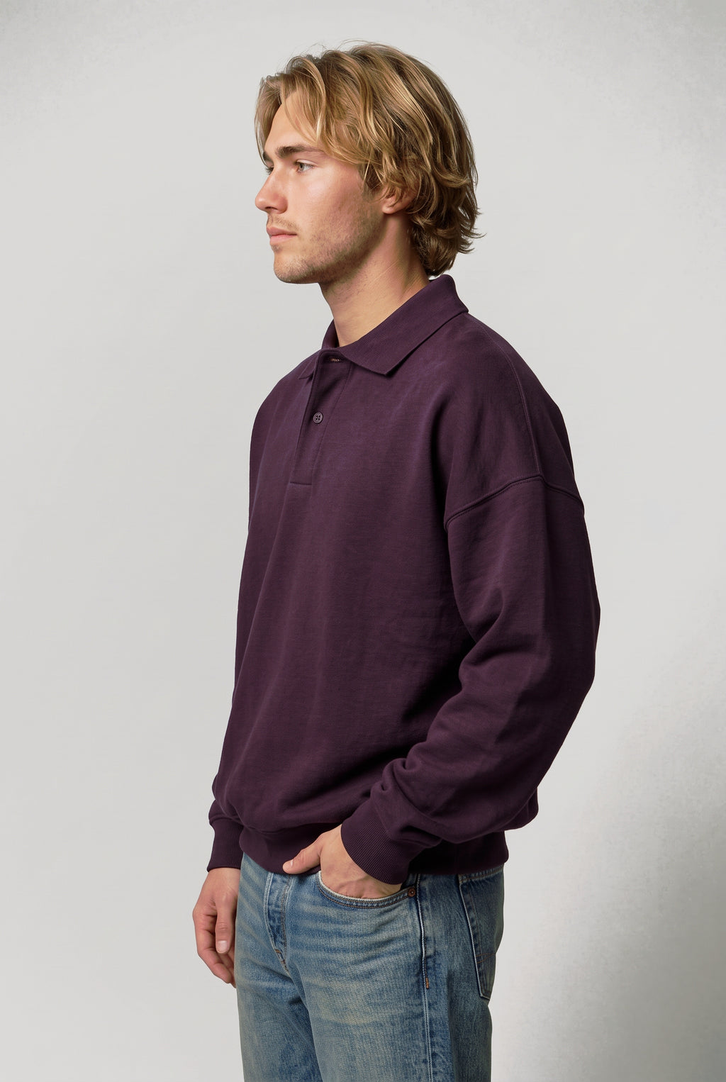 DirectBlanks Heavyweight Polo Sweatshirt in Plum – 3/4 Front view, 440 GSM