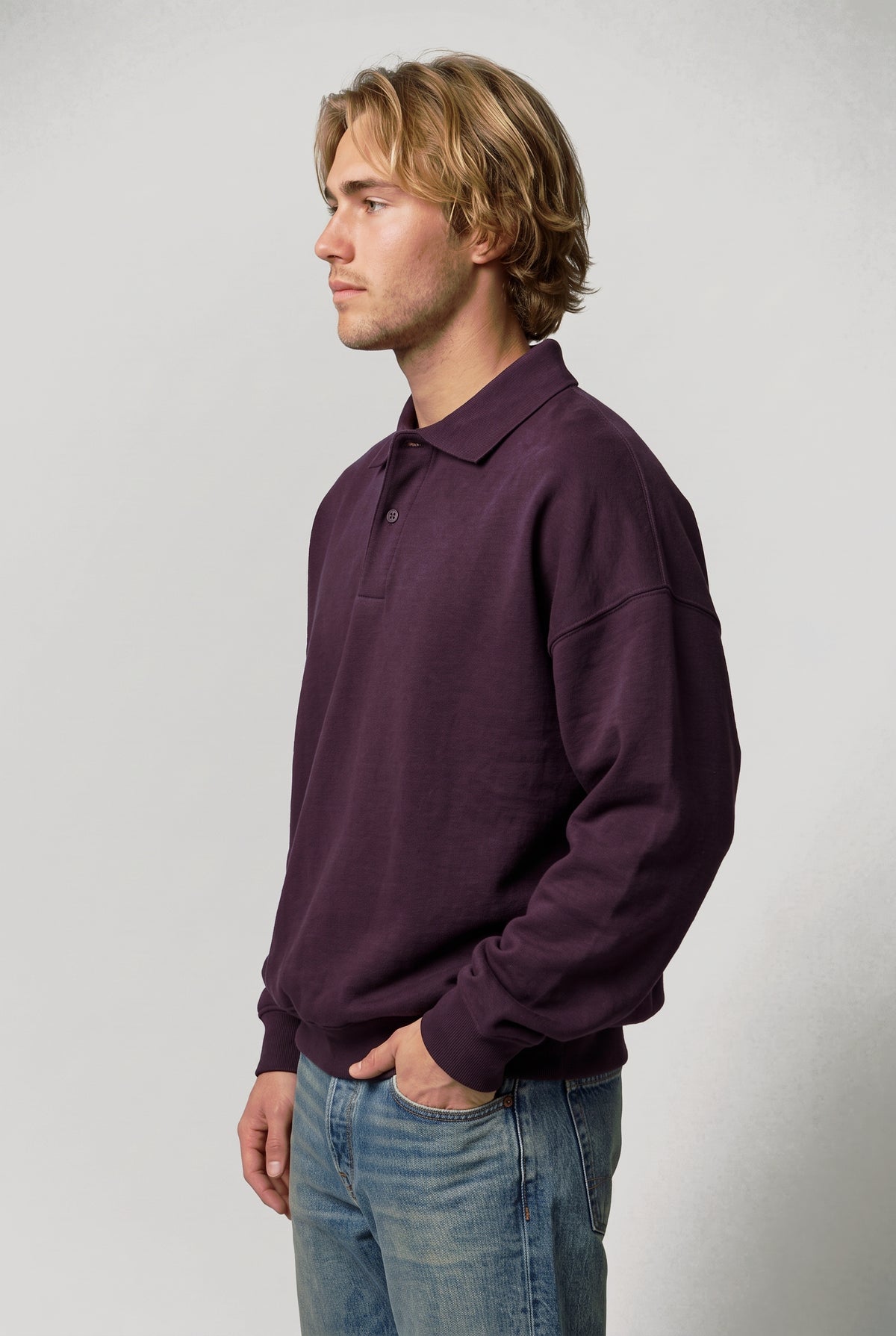 DirectBlanks Heavyweight Polo Sweatshirt in Plum – 3/4 Front view, 440 GSM